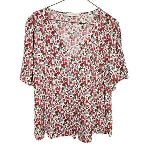 Solitaire Red Floral Peasant Top 3/4 sleeve button front pleated Womens Large